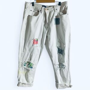 Free People Cream Boyfriend Jeans with Colorful Patch Details